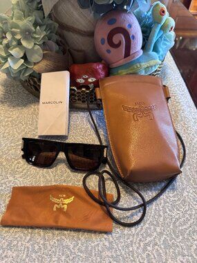 NWT MCM Unisex Square Sunglasses Full Set + Cognac Crossbody Pouch Case